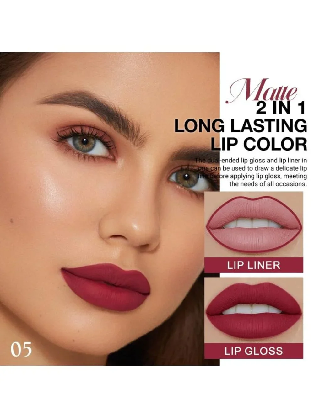 05#-Cherry Frost Red 2-in-1 Waterproof Long Lasting Double-Ended Liquid Lipstick